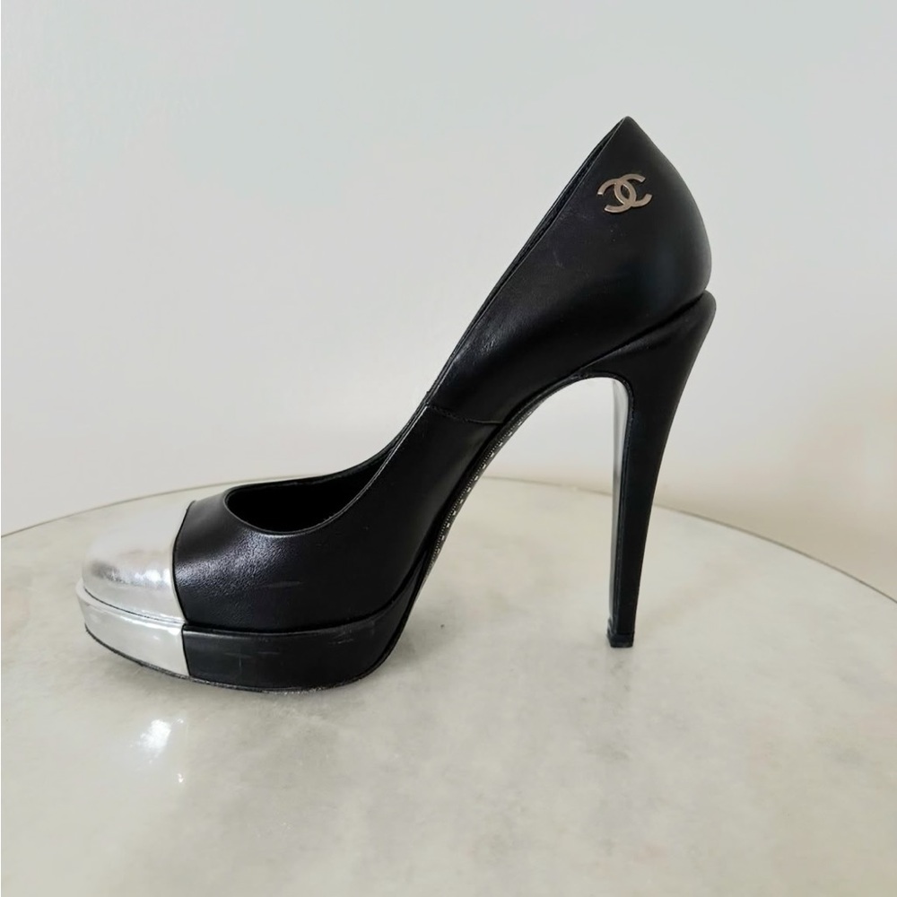 CHANEL Black and Silver Heels